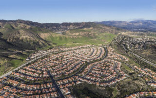 Suburban houses and streets in the Porter Ranch neighborhood of Los Angeles.
