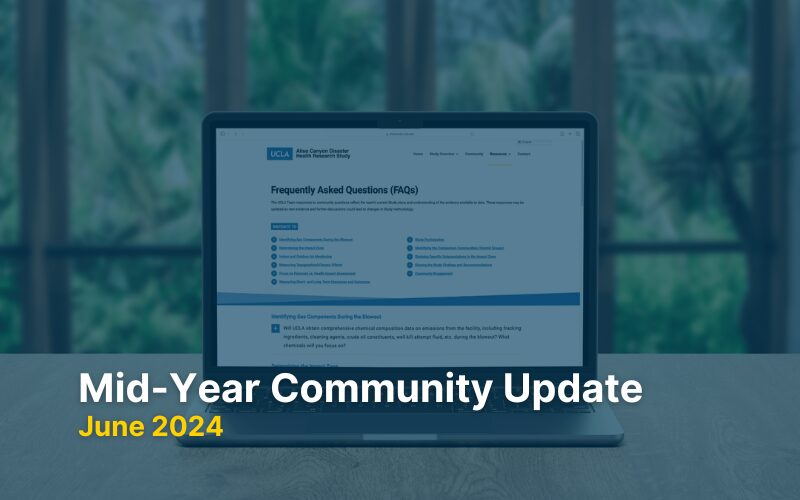 laptop screen showing FAQs with a blue overlay and mid-year community update june 2024