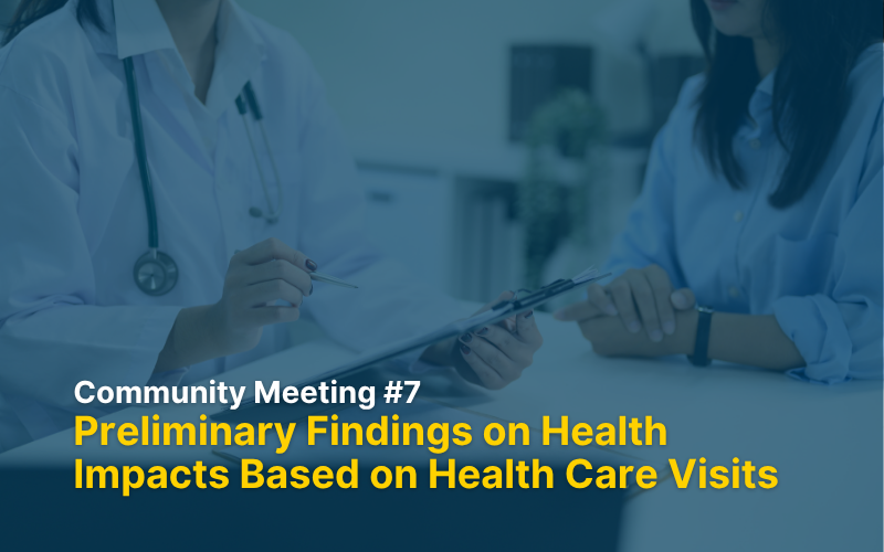 background with doctor sharing results with a patient and overlay copy for community meeting 7 preliminary findings on health impacts based on health care visiits