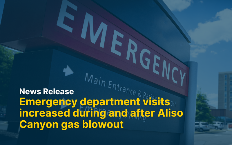 Sign for Emergency department at a hospital with directional signage for the main entrance and parking with blue overlay and text News release: Emergency department visits increased during and after Aliso Canyon gas blowout